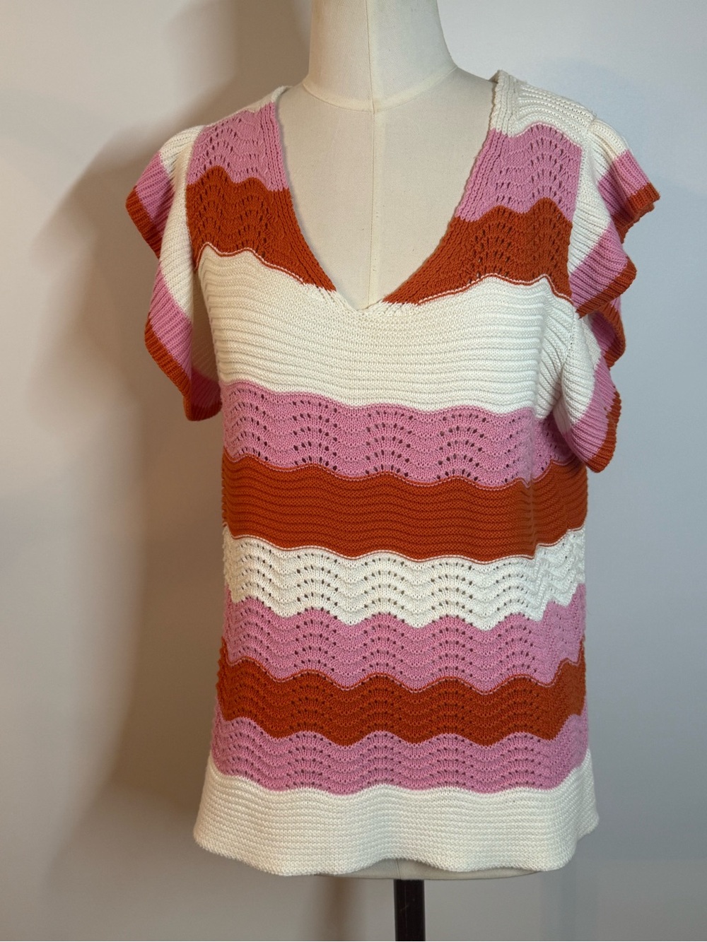 THML Pink, White & Rust Striped V-Neck Knit Top